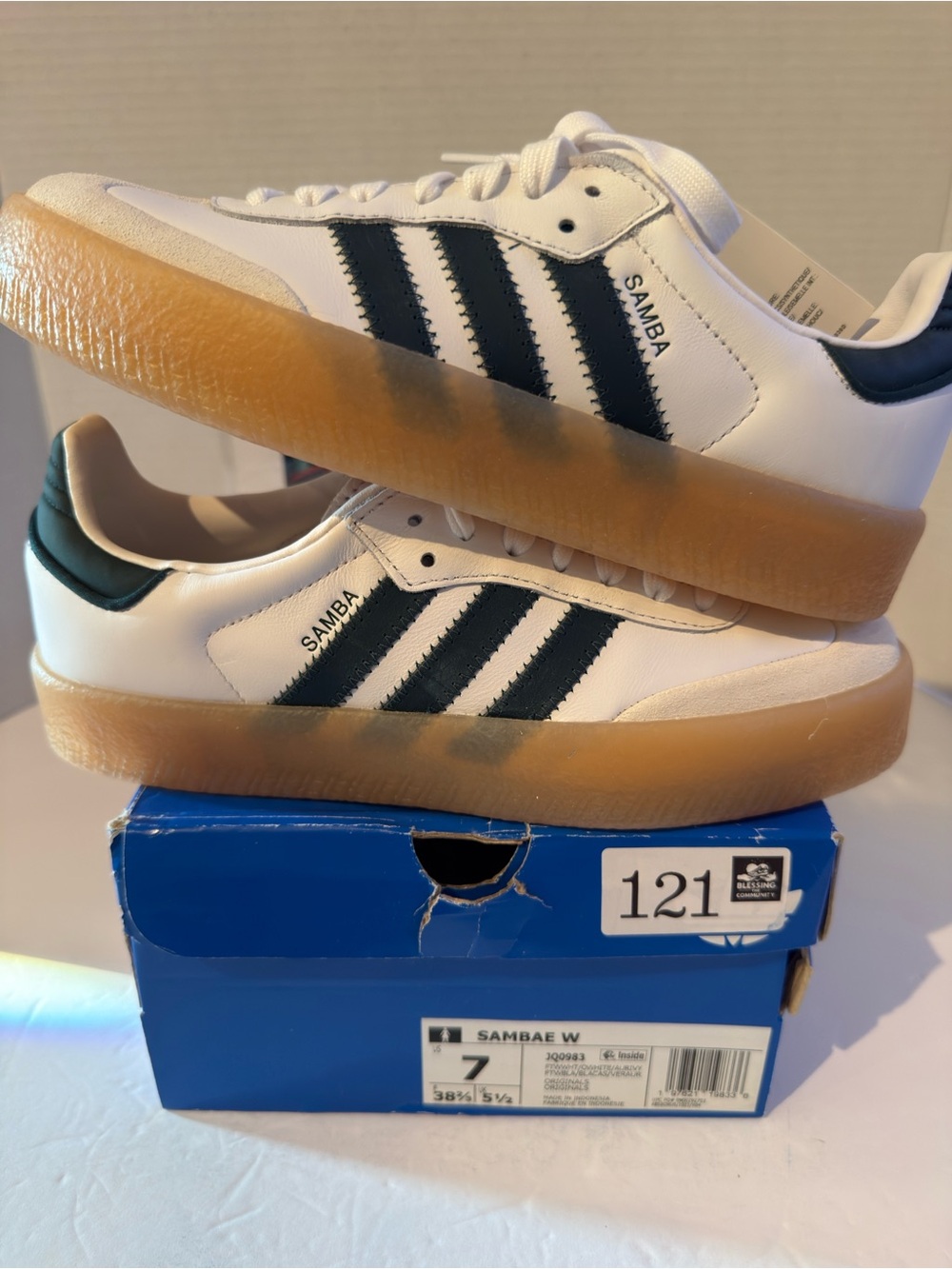 adidas SAMBAE White Sneakers with Black Stripes and Gum Sole